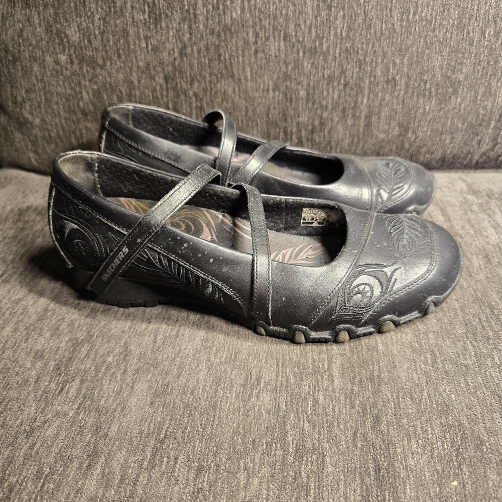 Skechers Bikers Black Leather Embossed Feather Mary Jane Flats Shoes Womens 7.5 - Picture 3 of 7